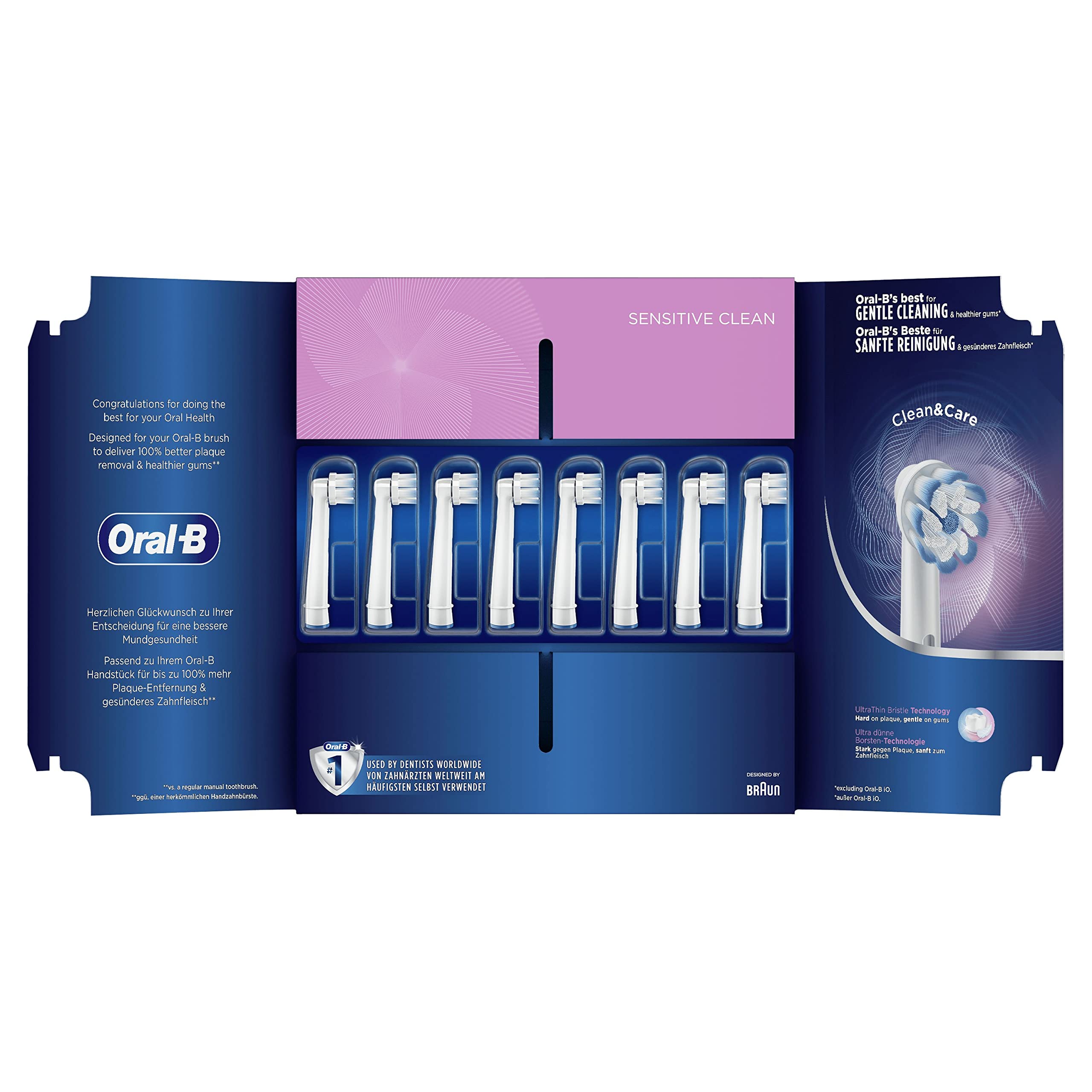 Oral-B Sensitive Clean Brossettes De Rechange Pour Brosse À Dents Électrique Format Spécial Boîte Aux Lettres, Pack De 8, Blanc et Bleu