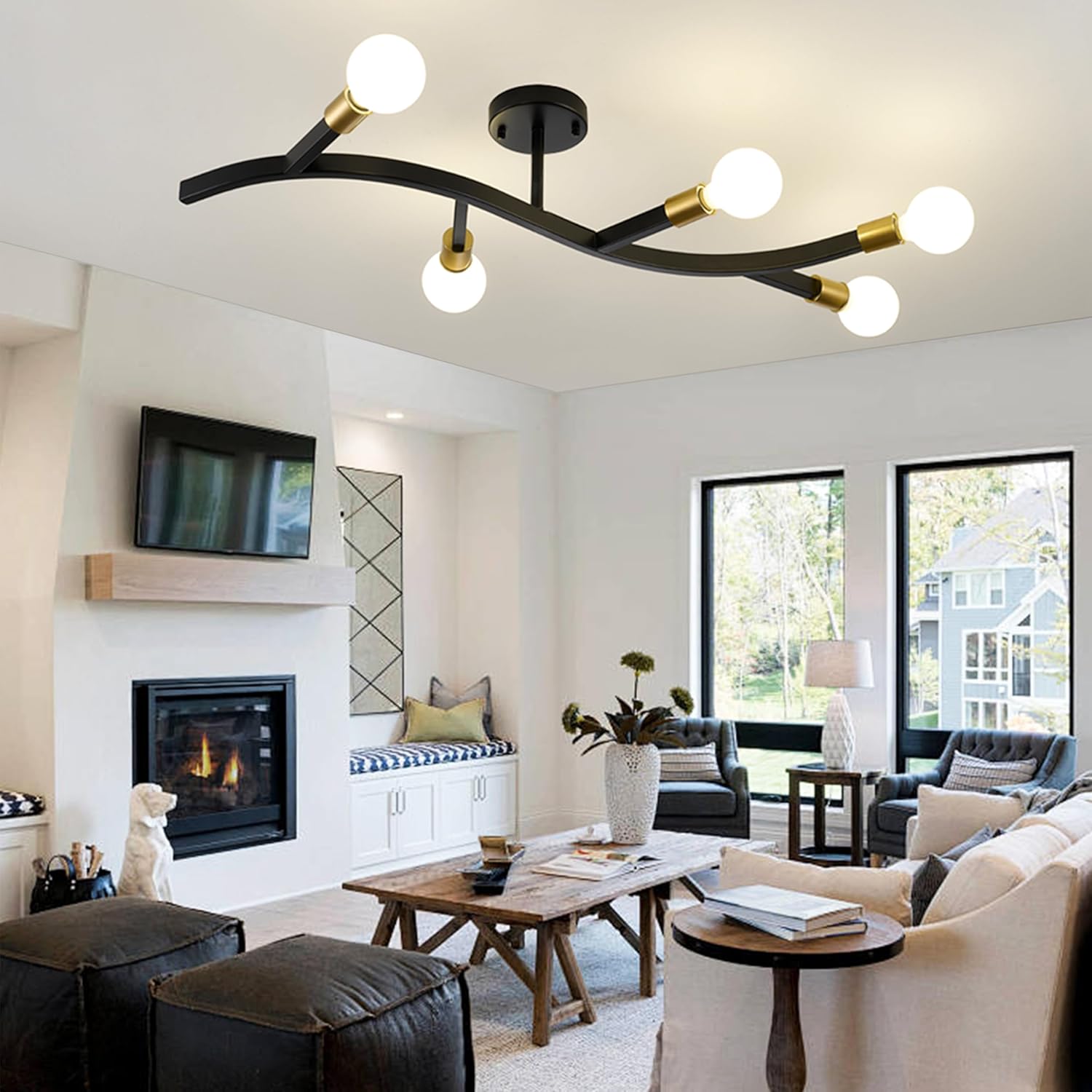 Mid Century Modern 5-Light Sputnik Chandelier, Gold & Black Off-Center Semi Flush Mount Ceiling Light for Living Room, Dining Room, Kitchen - E26 Base, Bulbs Not Included