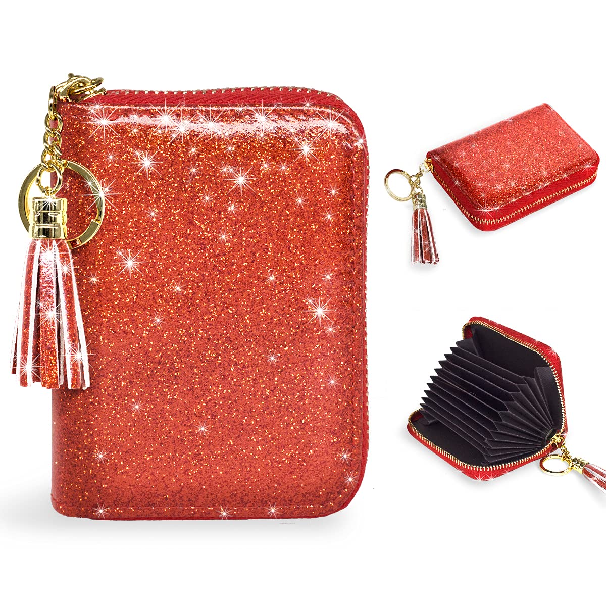 Coco Rossi Women's Small Credit Card Wallet RFID Cute Glitter Card Holder for Women, Red