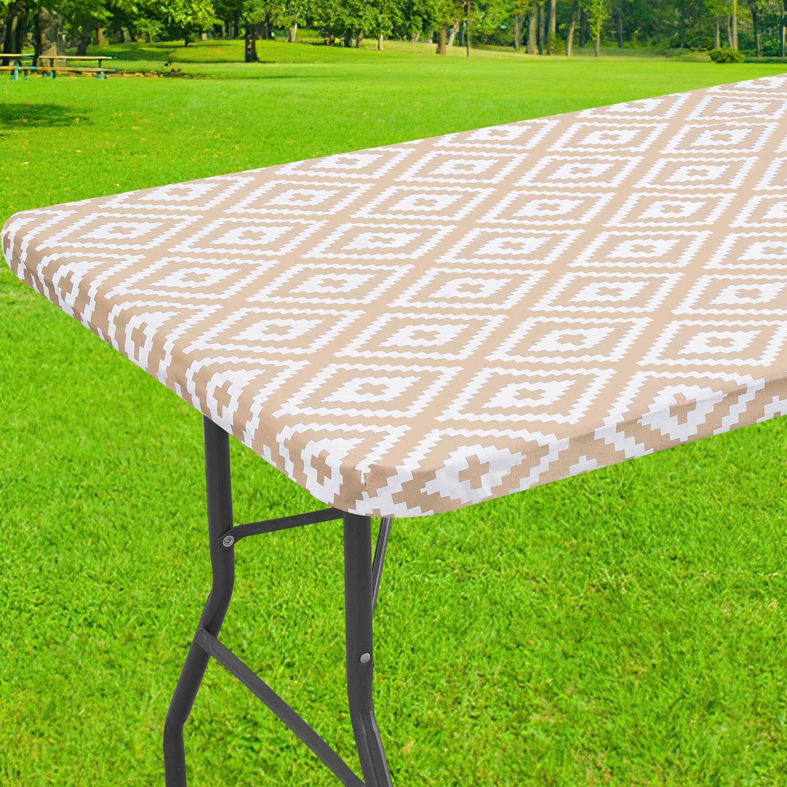 Smiry Rectangle Table Cloth Cover, Waterproof Elastic Fitted Picnic Tablecloth for 8 Foot Tables, Wipeable Flannel Backed Vinyl Tablecloths for