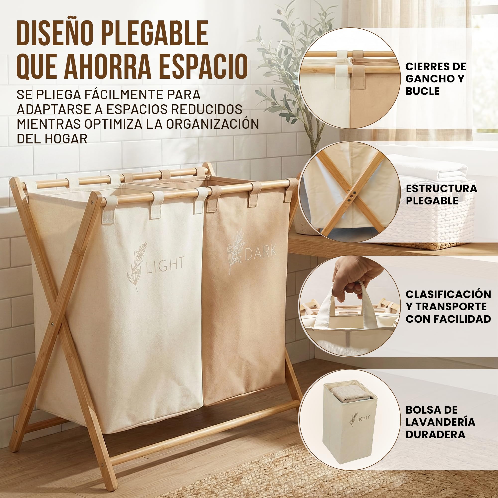 CUQUI Cesta Ropa Sucia Bambú, Cesta Ropa Sucia Dos Compartimentos XXL 155 Litros, Cesto Colada Doble Madera con Bolsas Extraíbles Lavables, Mueble Clasificador Familiar Grande para Baño