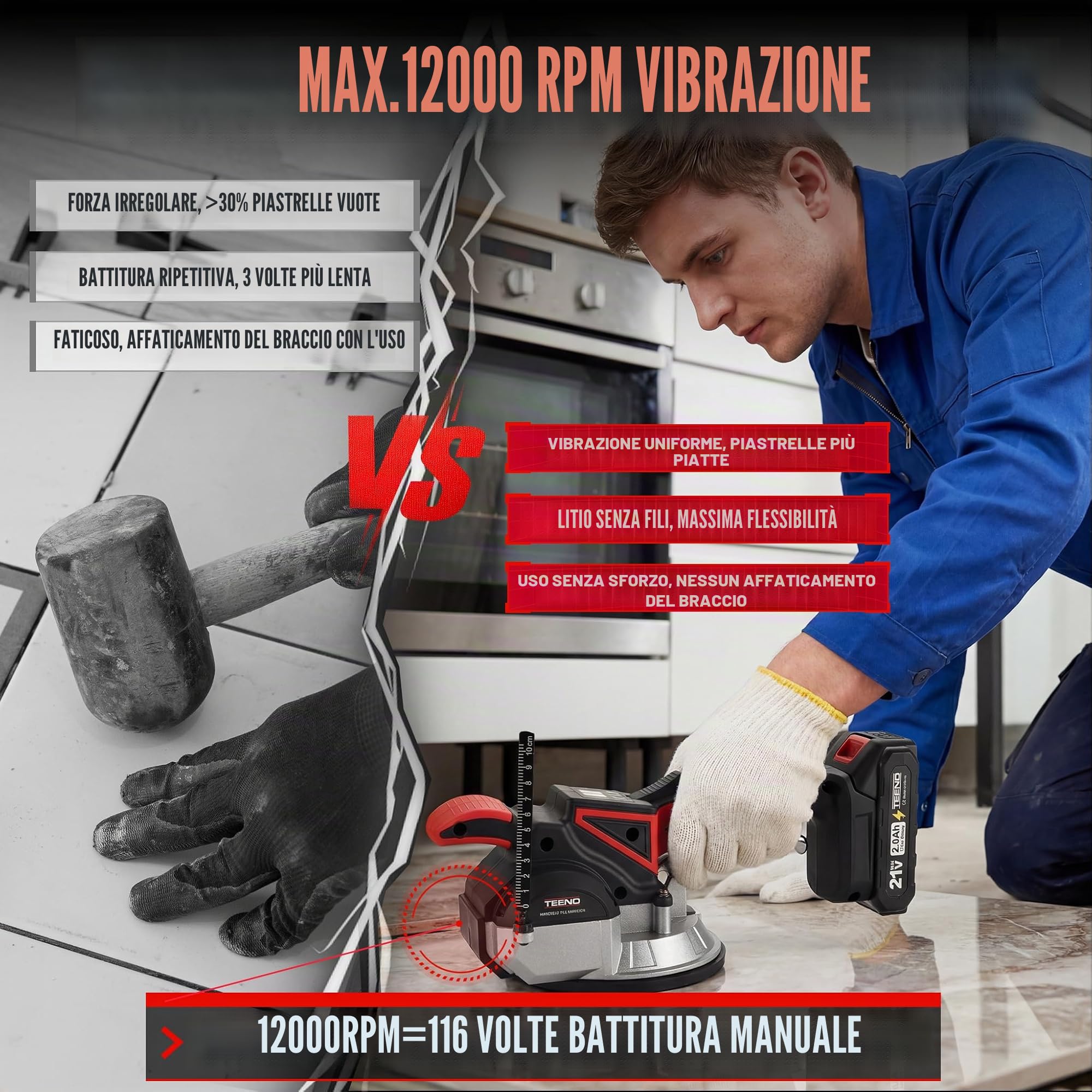 TEENO 2 in 1 Ventosa Vibrante per Piastrelle Senza Fili, Ventosa Elettrica per Piastrelle con 2 Batterie da 2Ah, 9 Velocità, 500 kg di Aspirazione, 12000 RPM di Vibrazione, Ventosa da 145mm+Scala+