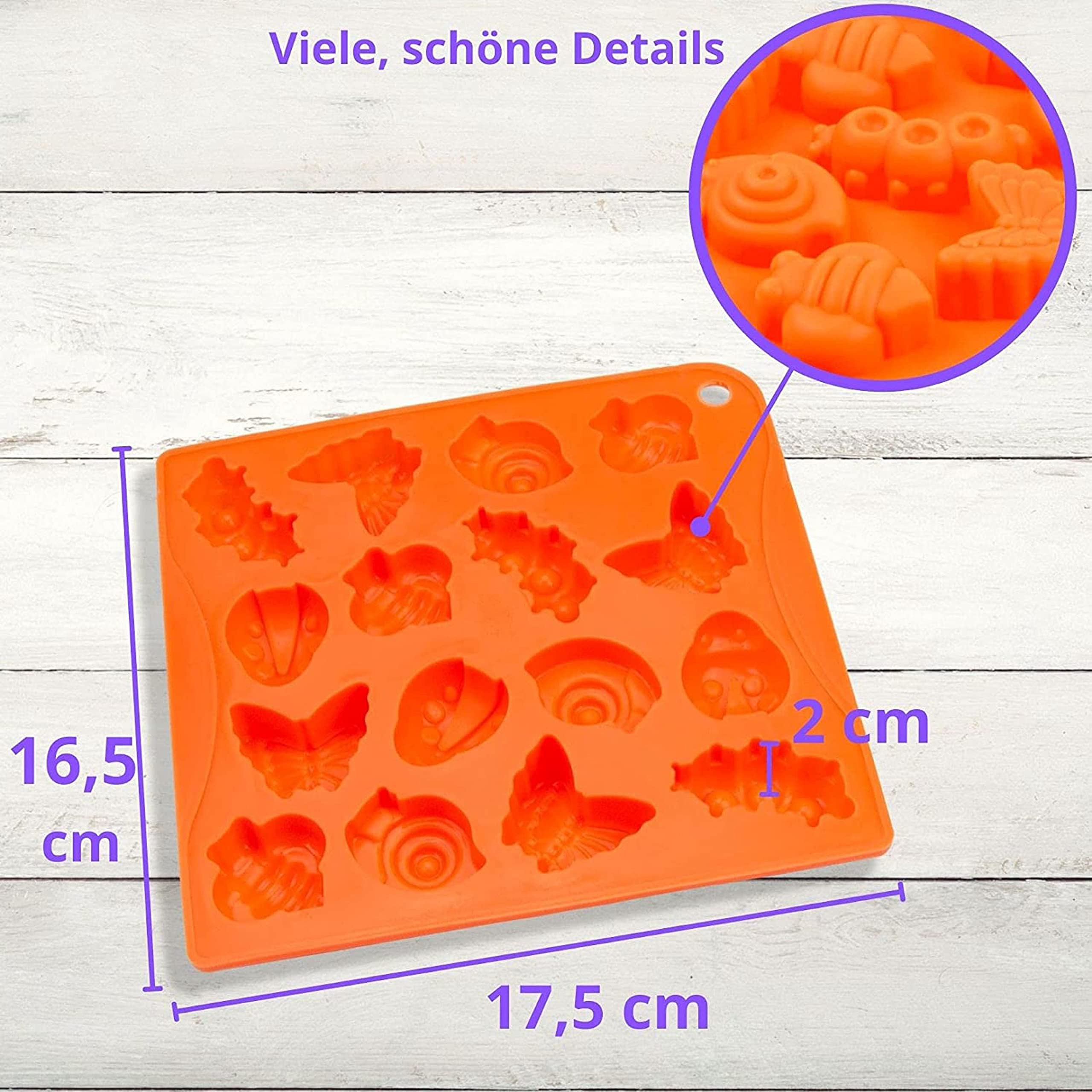 Molde de silicona con 16 insectos, 20 moldes, molde de hielo, molde de bombones, molde de chocolate, molde de silicona, molde de jabón, decoración para tartas, mariposa, oruga, escarabajo, naranja