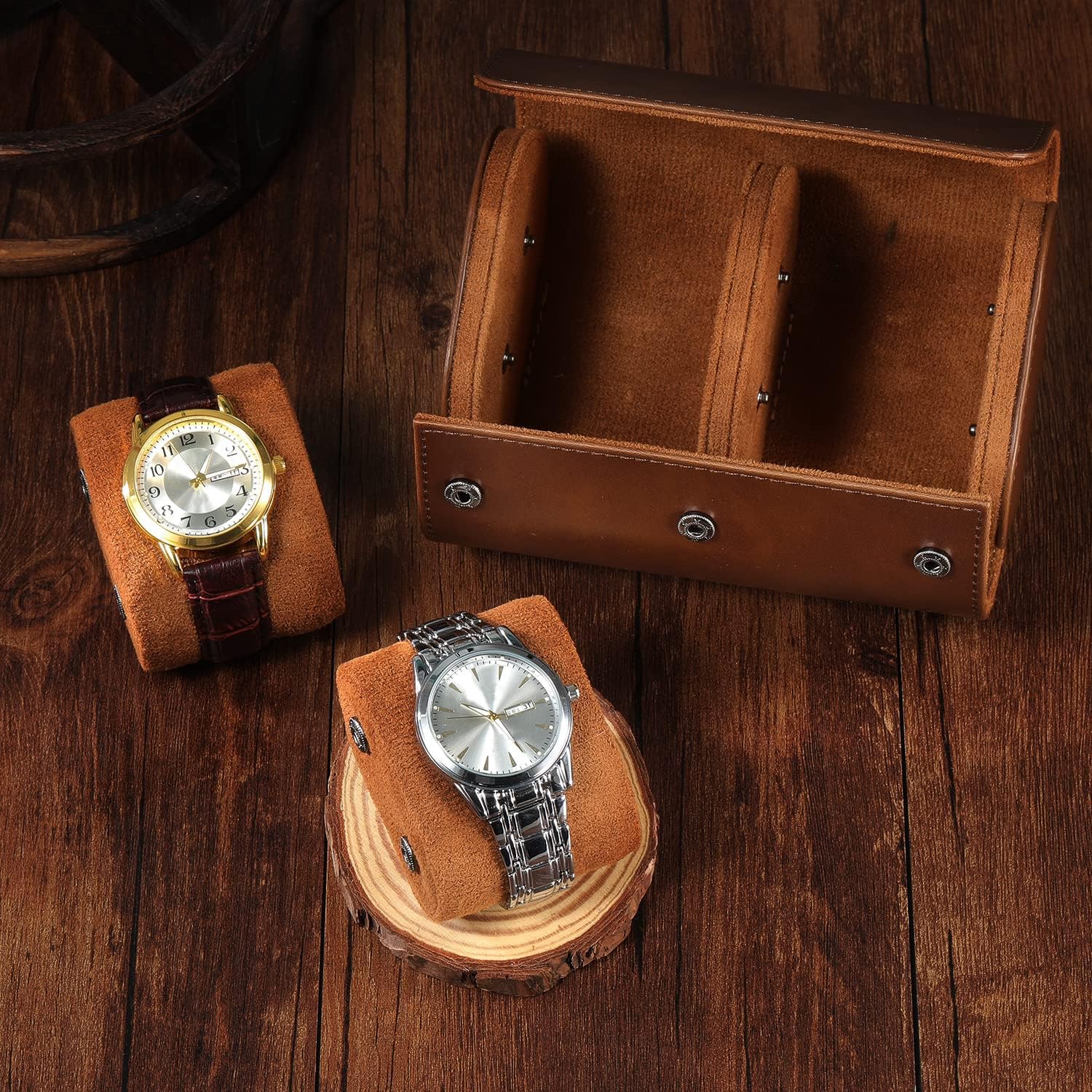 ROSELLE Caja de viaje para hombres y mujeres, para 2 relojes, almacenamiento y organizadora, segura, innovadoras almohadas extraíbles y separadores sólidos, hogar y exhibición (marrón, 2 ranuras)