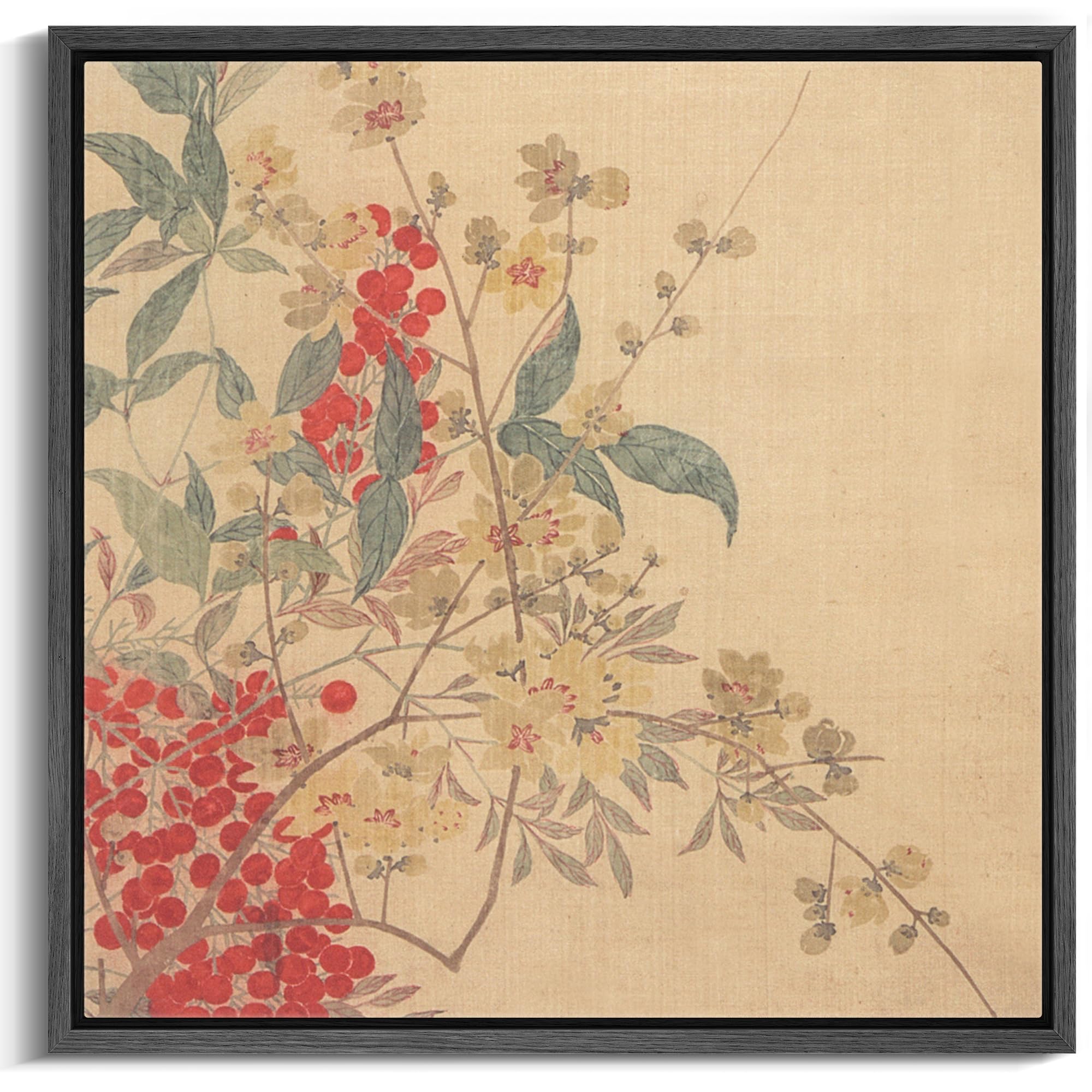 MUDECOR Framed Canvas Print Wall Art Vintage Eastern Flora Traditional Asian Botanical Wilderness Illustrations Modern Art Group Colorful for Living