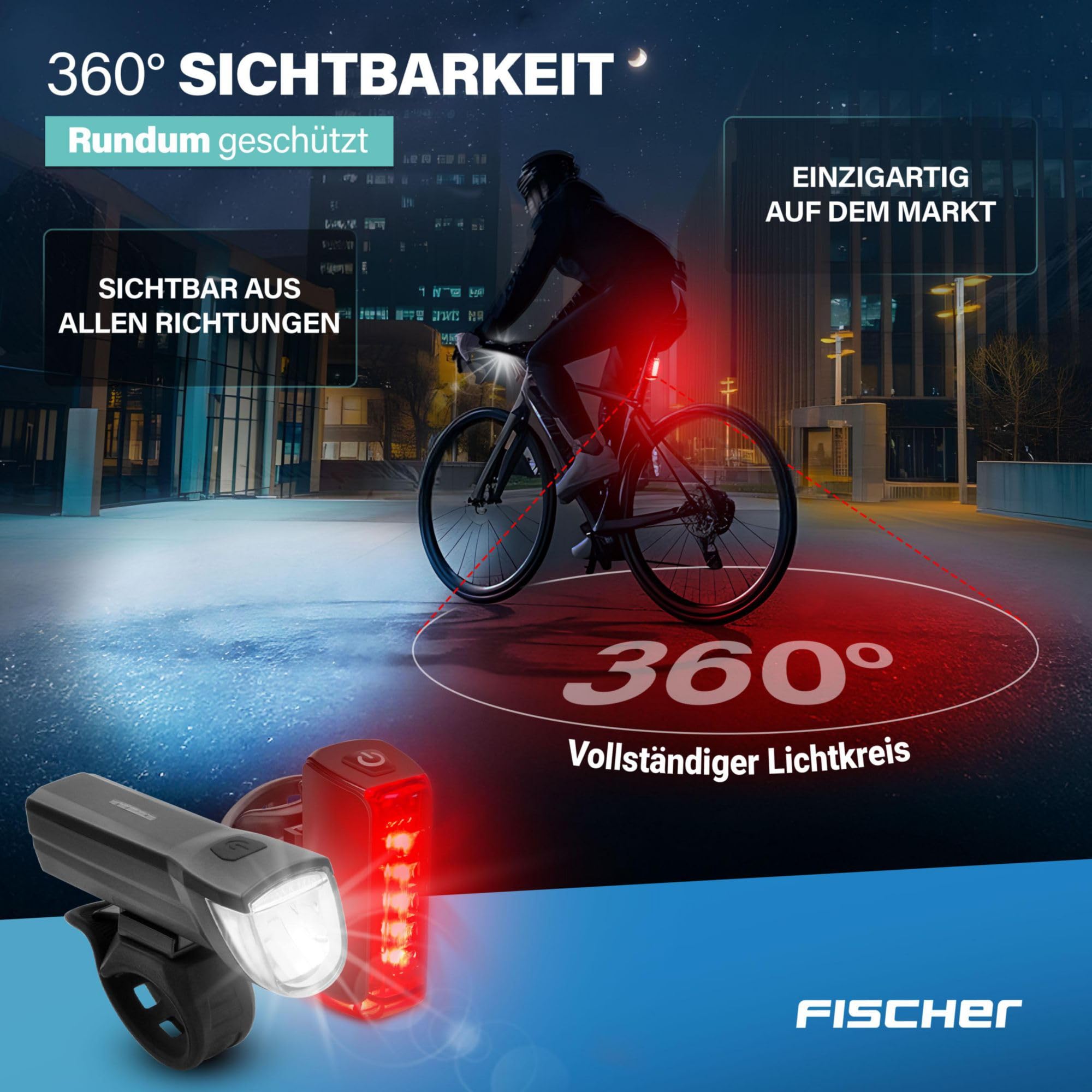 Fischer Fahrrad LED Beleuchtungs-Set Twin mit innovativer 360° Bodenleuchte für mehr Sichtbarkeit und Schutz, Frontlicht