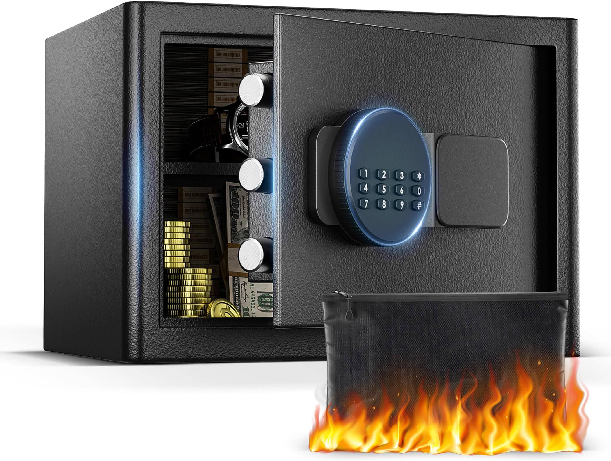 Kacsoo Fireproof Safe Box with Fireproof Bag,1.2 Cub Digital Safe Box Fireproof Waterproof Combination Lock Safe with Keypad LED Indicator, for Pistol Cash Jewelry Important Documents