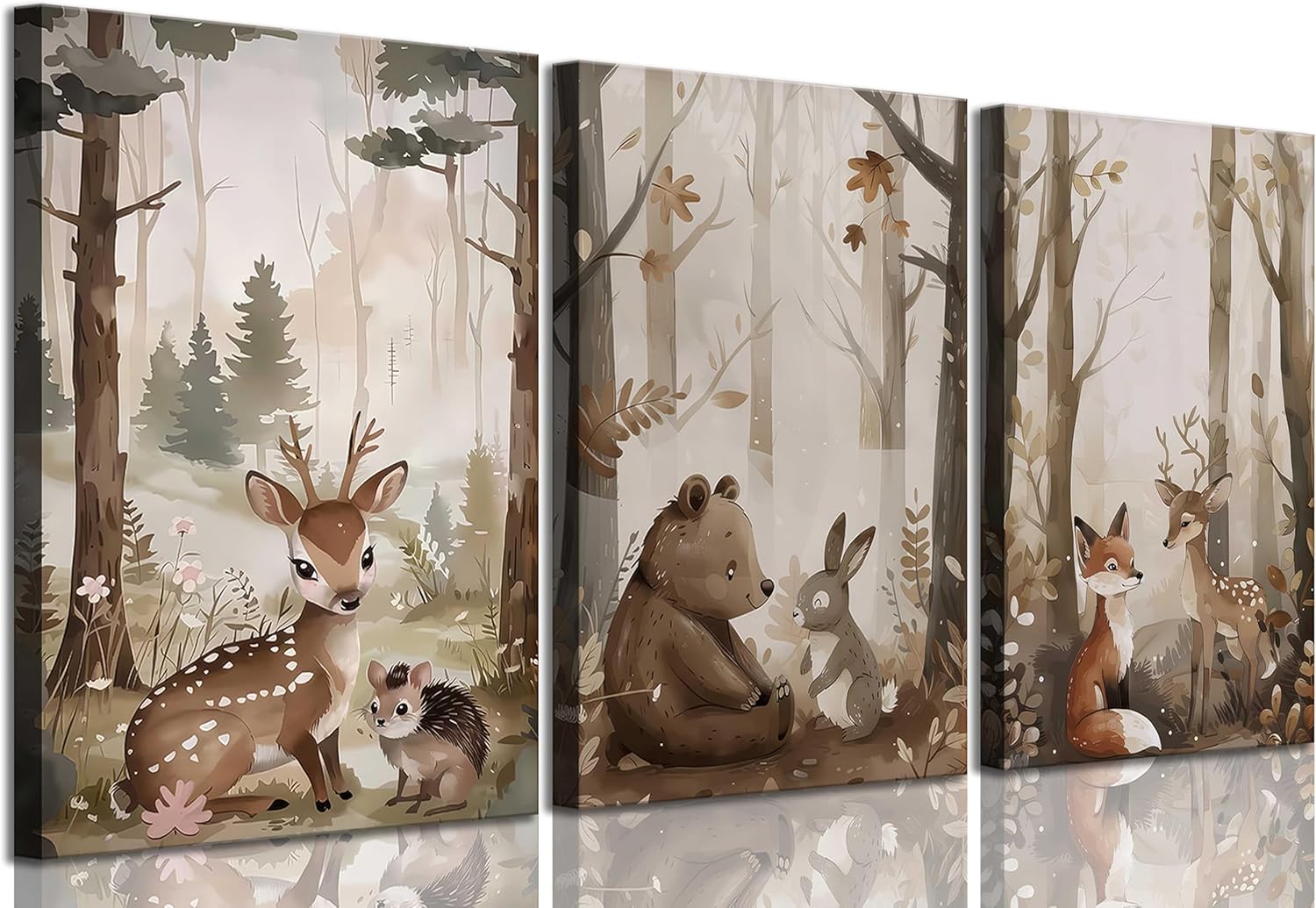 3Pcs Woodland Nursery Canvas Wall Art Cute Neutral Vintage Forest Wild Animals Bear Deer Fox Landscape Watercolor Painting Picture Wall Decor Poster Print Artwork for Baby Kids Room Animal-Canvas 16L" x 12W"