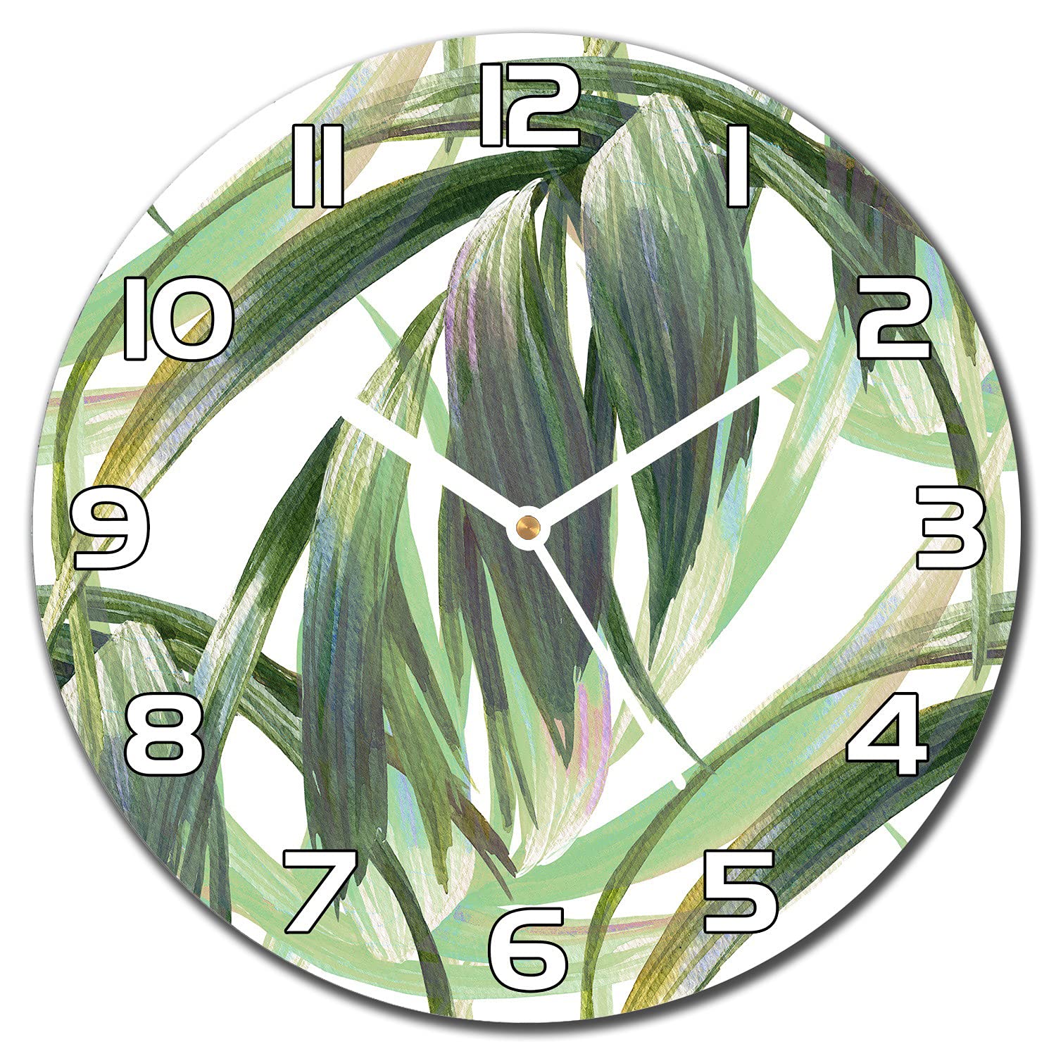 Horloge en verre murale 30 cm Coloray avec motif de longues feuilles vertes