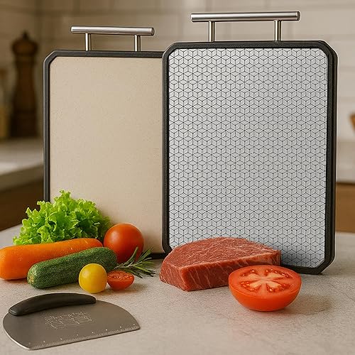 Miniatura 6 de PurpleDove Juego de tablas de cortar de doble cara grande Tablas de cortar de acero inoxidable SS304  Resistente a las manchas, no porosas  Tabla de