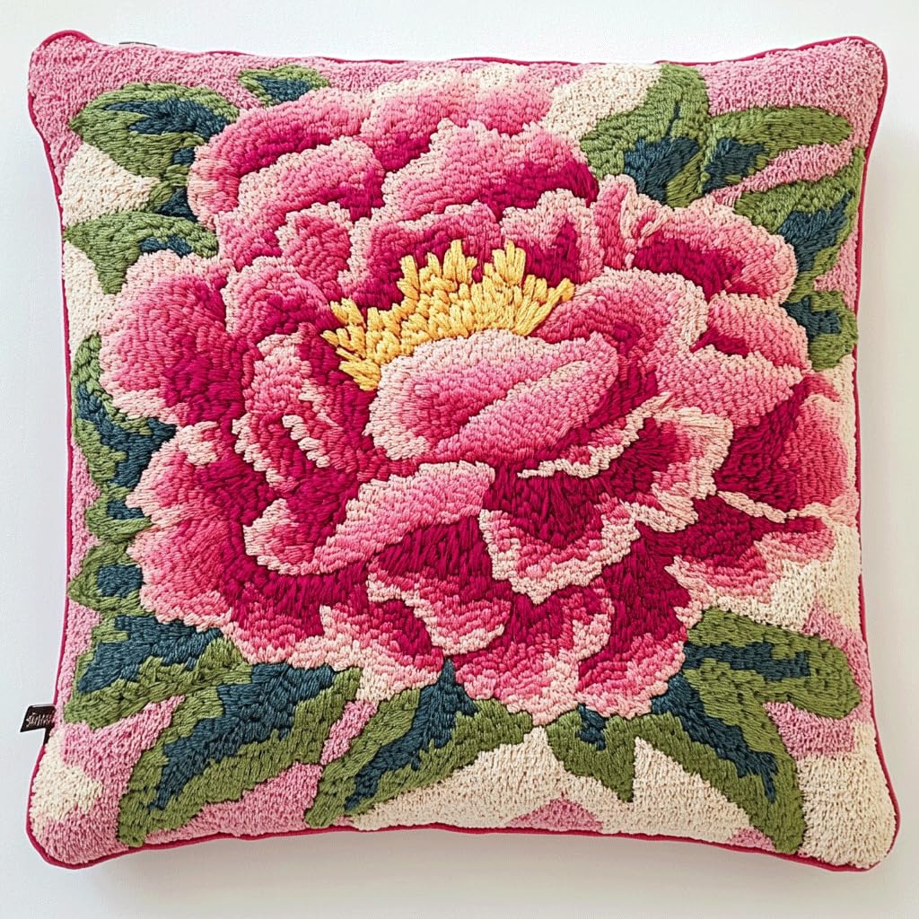 Taxpy DIY Latch Hooking Pillow Kits, Pink Peony Flower Pillow Cover Preprinted Throw Pillow Needlework Crochet Yarns Latch Hook Cushion Making17x17inch