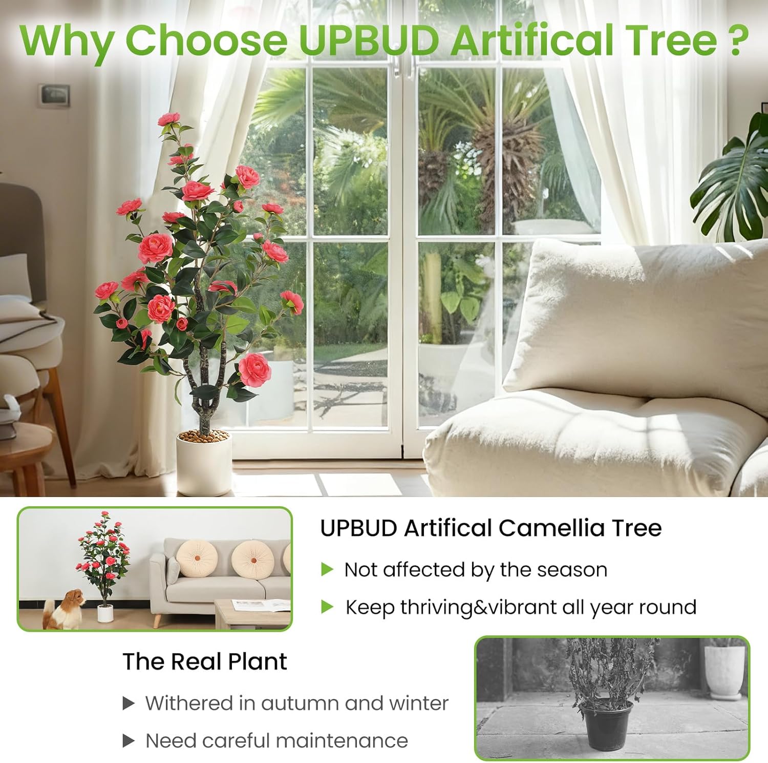 Artificial Camellia Tree 2 Pack – 40'' Realistic Fake Potted Plant with 30 Pink Flowers, Lifelike Faux Camellia Trees for Home, Living Room, Patio, Wedding, Event Decoration - Image 4