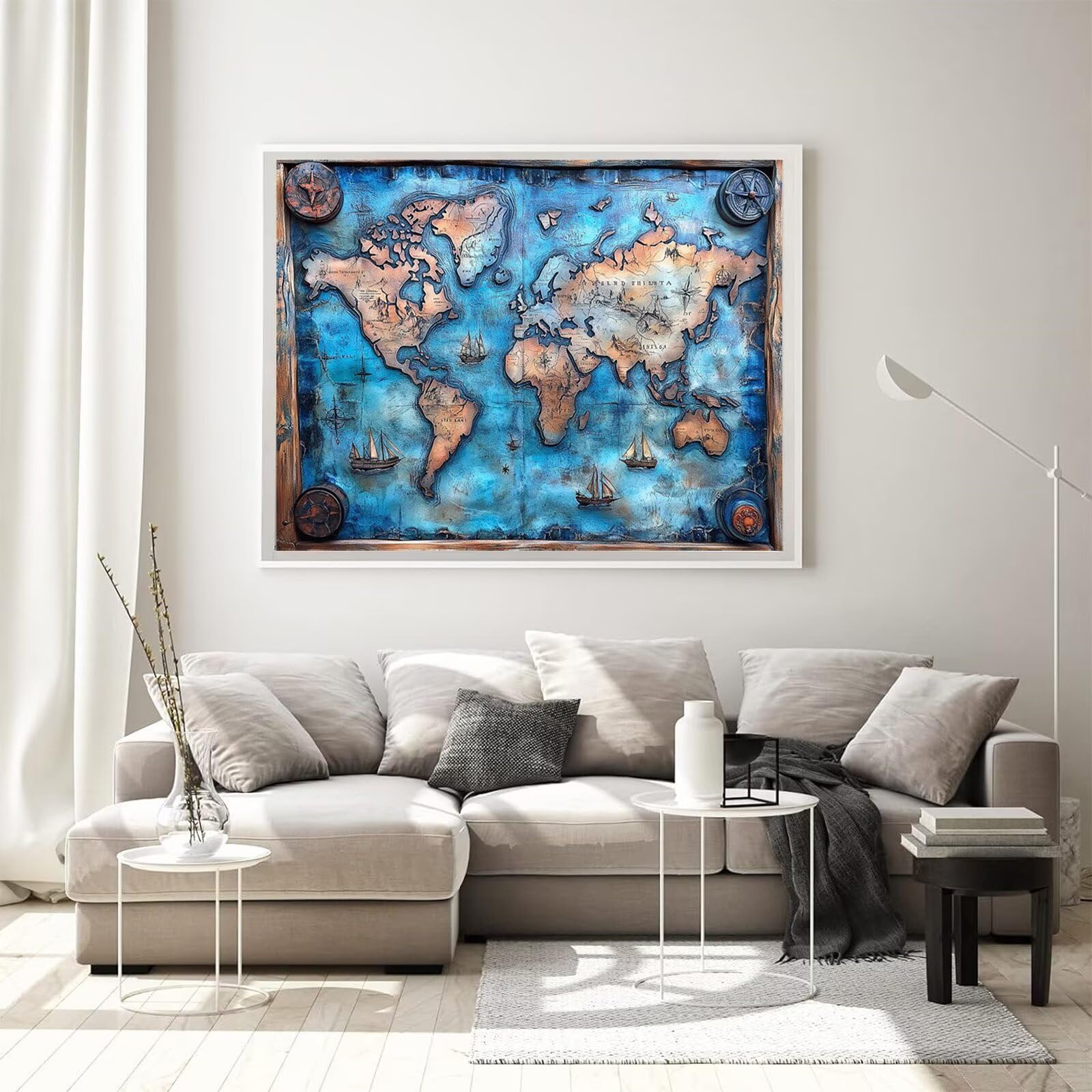 Niebieski diamentowy obraz, mapa świata, obraz diamentowy, 90 x 120 cm, pełne wiertło, diamenty, dla dzieci, dla początkujących, zestaw do majsterkowania, kreatywny zestaw dla dorosłych, do pokoju