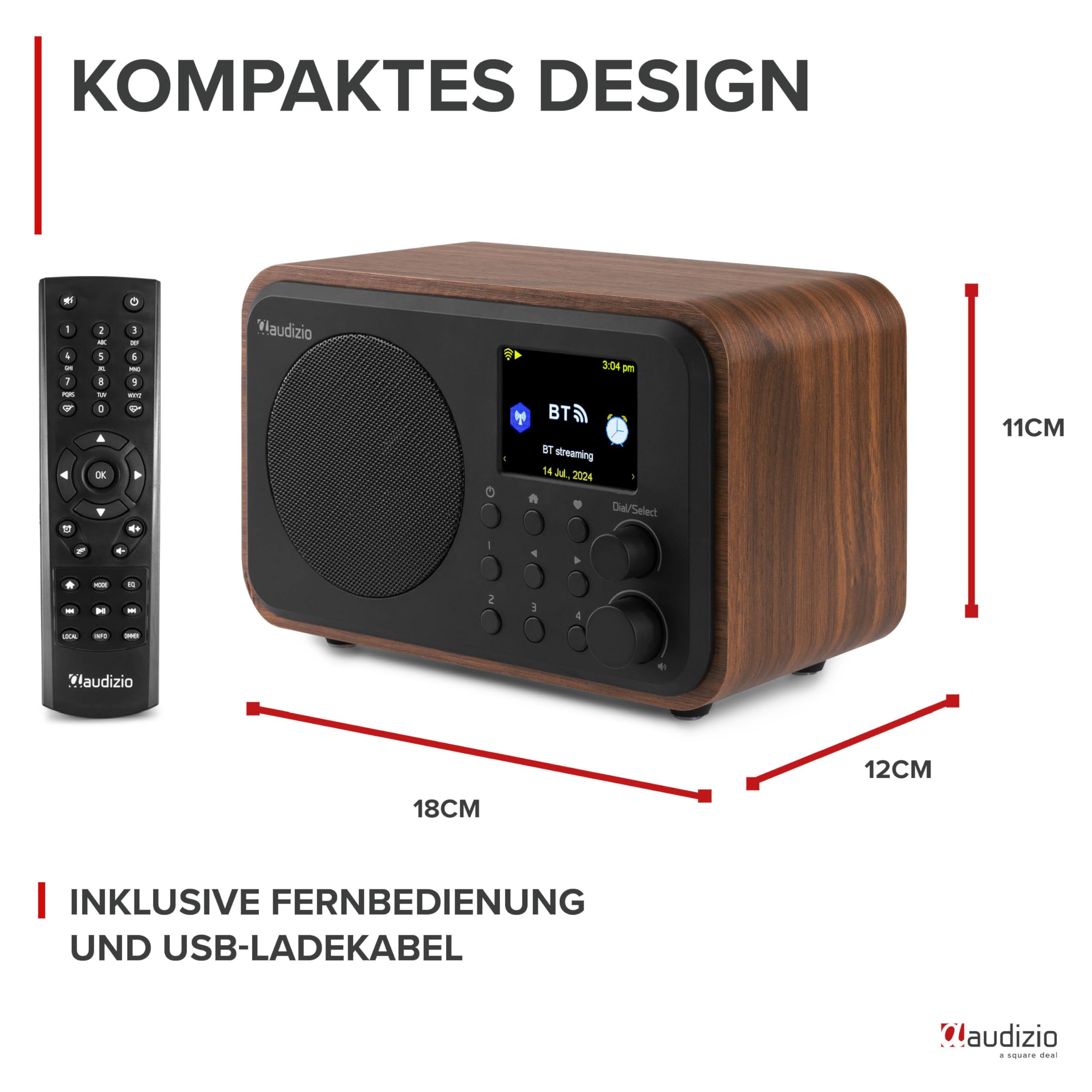 Audizio Vicenza Internetradio DAB Radio mit Bluetooth 5.1 mit Fernbedienung, WLAN, 10 Std. Akku, Line-Out, Küchenradio, FM/UKW, USB-C Ladekabel - DAB Plus Radio in Braun