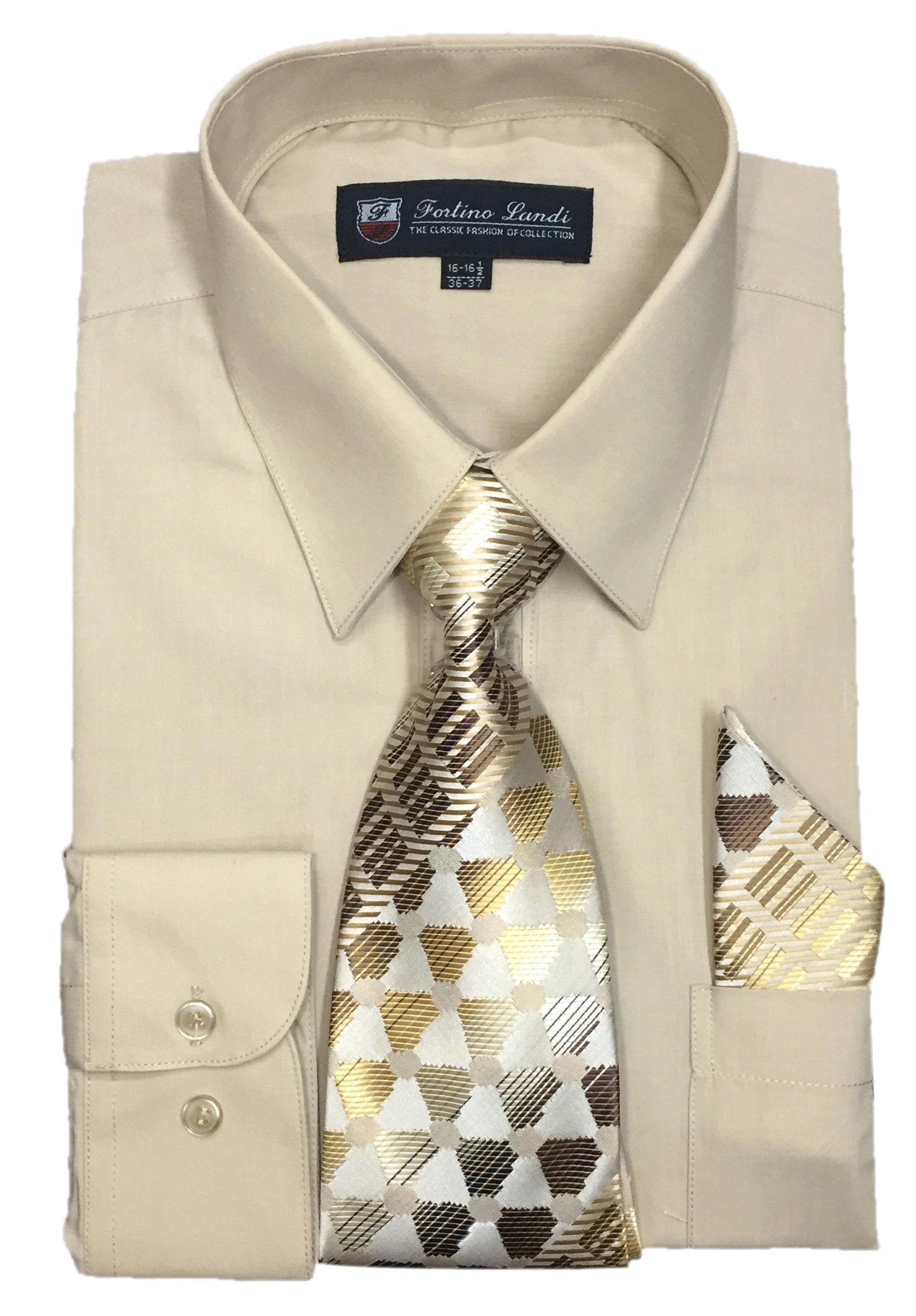 Fortino Landi Men's Long Sleeve Dress Shirt With Matching Tie And Handkerchief