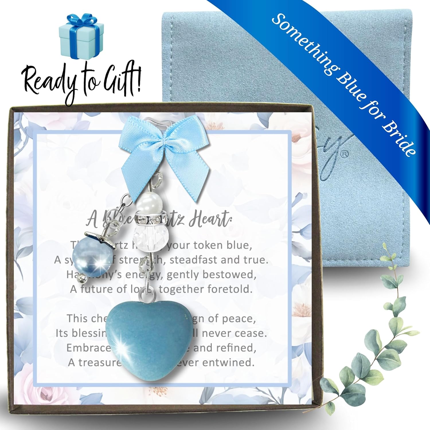 Gutsy Goodness Something Blue Aventurine Quartz Heart Bride Gift For Wedding Day, Semi-Precious Stone Handmade Bouquet Charm | Bonus Jewelry Travel Pouch Set Message Card, Bridal Shower Daughter - Image 6