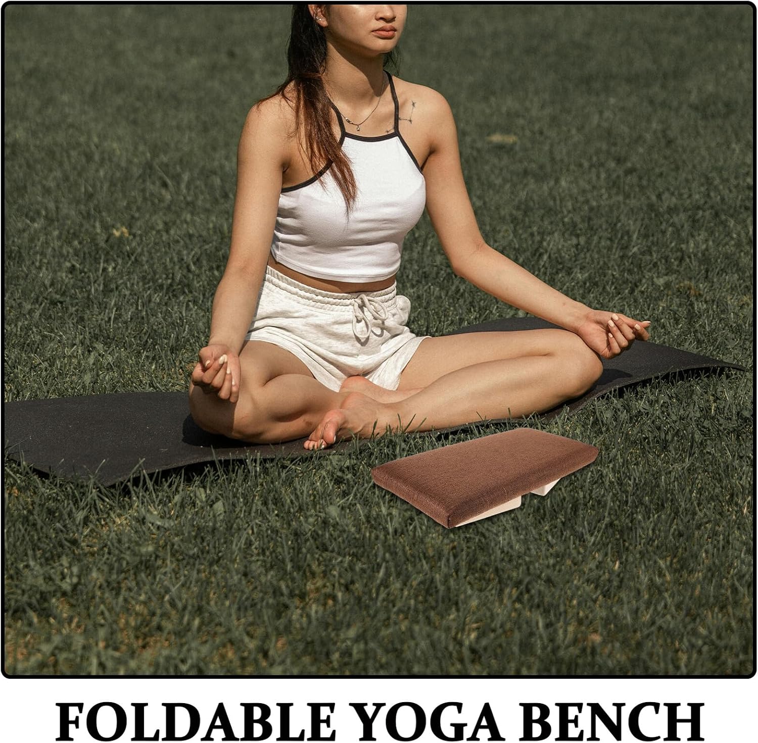 Wood Prayer Bench Folding Stool, Ergonomic Solid Wood Meditation Chair, Portable Compact Seat for Yoga and Mindfulness Practice, Coffee Color