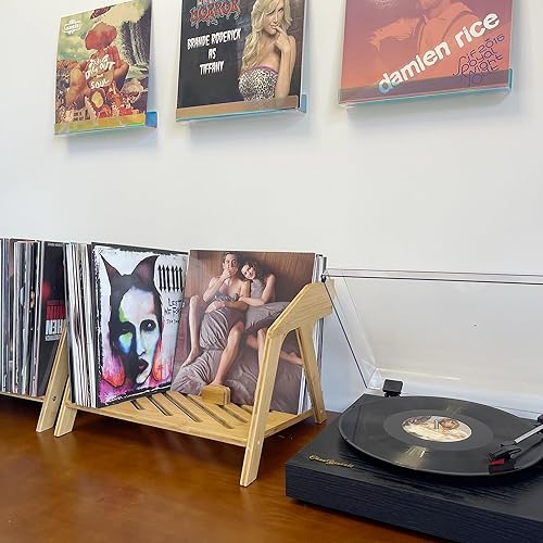 Miniatura 9 de Soporte de almacenamiento de discos de vinilo de bambú, capacidad para hasta 80 discos de 12 pulgadas, diseño original de modelado de sillas para