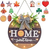 Farmhouse Interchangeable Welcome Sign for Front Door - 14 Seasonal Icons, Rustic Wooden Porch Decor with 12 LED Lights