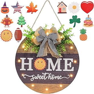 Interchangeable Welcome Sign for Front Door with 14 Changeable Icons, Farmhouse Front Porch Decor Rustic Wooden Wall Sign with 12 LED Lights, Outdoor Seasonal Welcome Home Decorations (Wood home1)