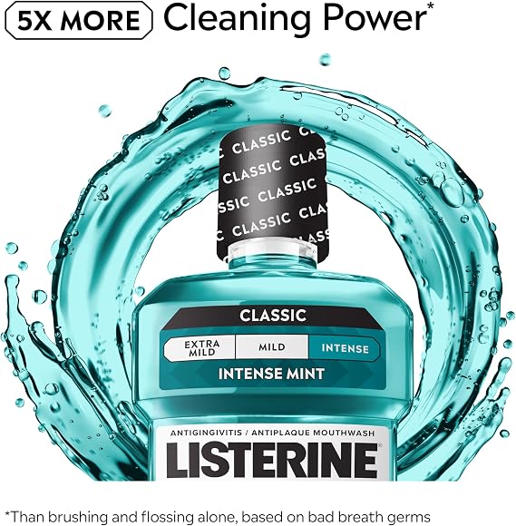 Listerine Cool Mint Intense Antiseptic Mouthwash, Daily Oral Rinse Kills 99.9% of Germs that Cause Bad Breath, Plaque and Gingivitis. for a Fresh, Clean Mouth, Intense Mint Flavor, 250 mL/ 8.5 Fl.Oz.