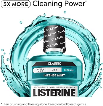 Listerine Cool Mint Intense Antiseptic Mouthwash, Daily Oral Rinse Kills 99.9% of Germs that Cause Bad Breath, Plaque and Gingivitis. for a Fresh, Clean Mouth, Intense Mint Flavor, 250 mL/ 8.5 Fl.Oz.