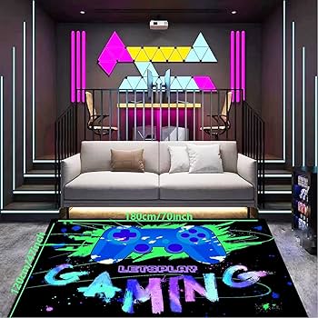 Blacklight Gaming Area Rug, UV Reactive 3D Game Controller Rug, Large