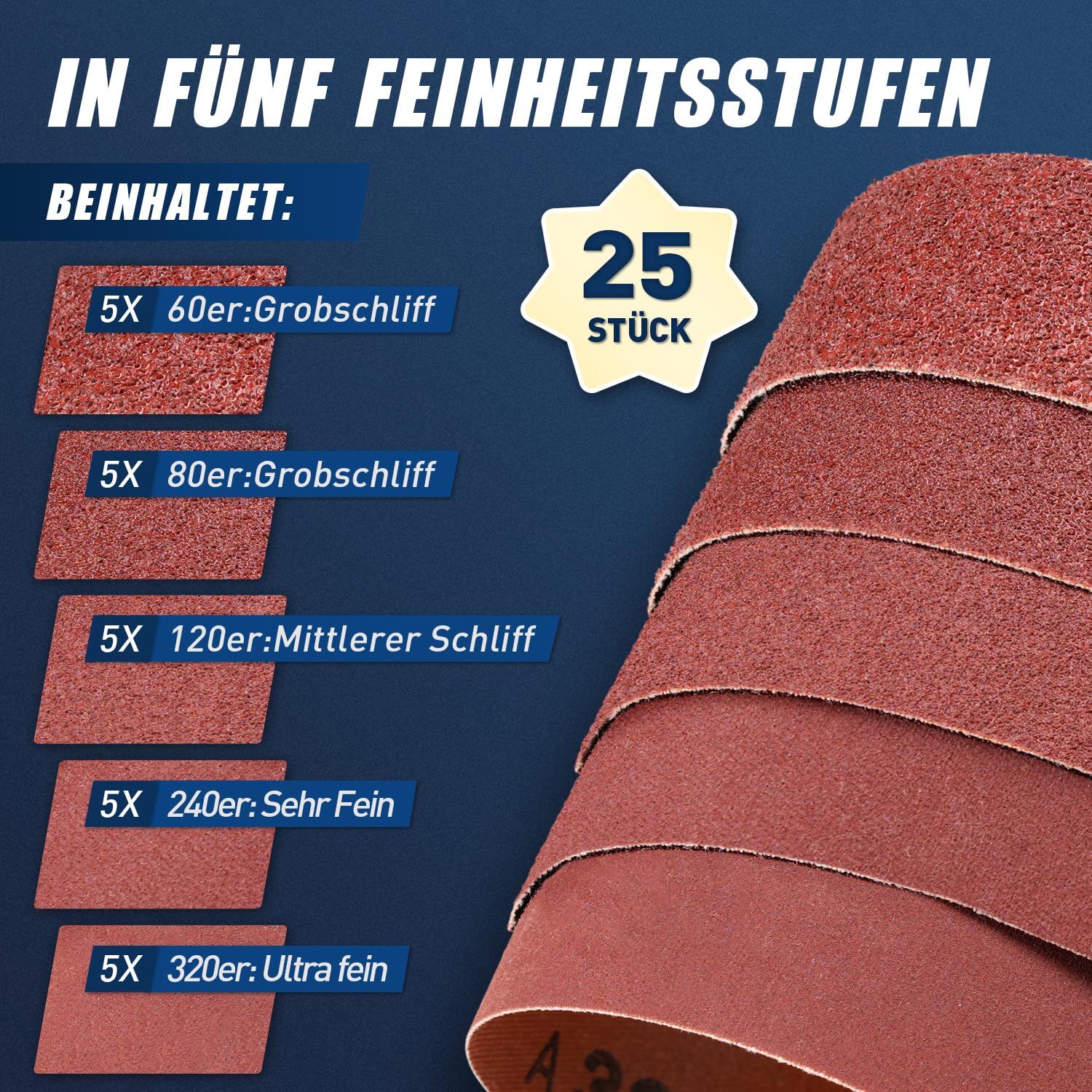 SI FANG Schleifband 75 x 533 mm，25 Stück Bandschleifer Schleifbänder Körnungen (P60x5, P80x5, P120x5, P240x5, P320x5)，für Polieren Metall, Holz