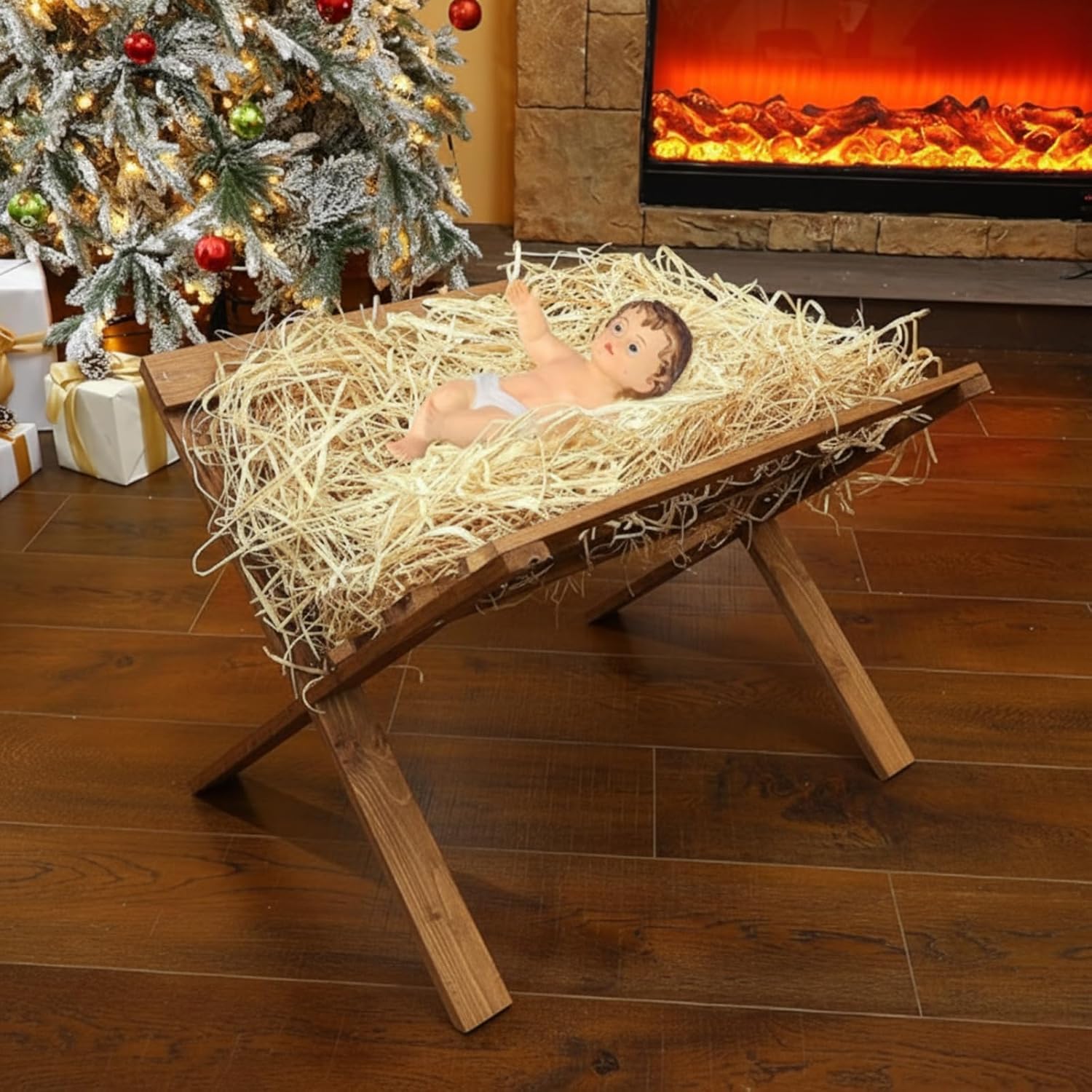 Bucherry 4 Pcs Jumbo Large Wooden 25.6 Inch Baby in Manger Christmas Nativity Scene Manger with Resin Baby Religious Decoration and Natural Hay for Traditional Religious Xmas Indoor Outdoor Decor