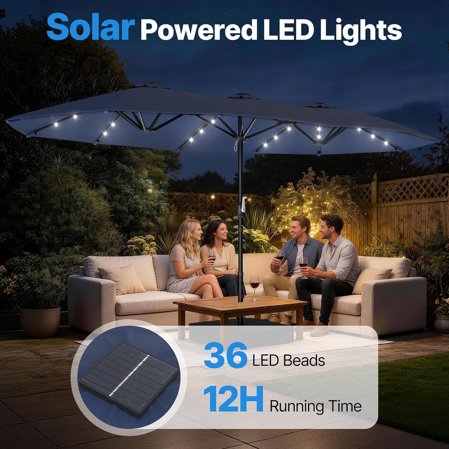 Suteck 15FT Patio Umbrella with Base & Solar Lights Included - Double-Sided Outdoor Large Umbrella with & Crank Handle, UV & Fade Resistant Canopy for Poolside, Backyard, Deck and Market, Dark Blue
