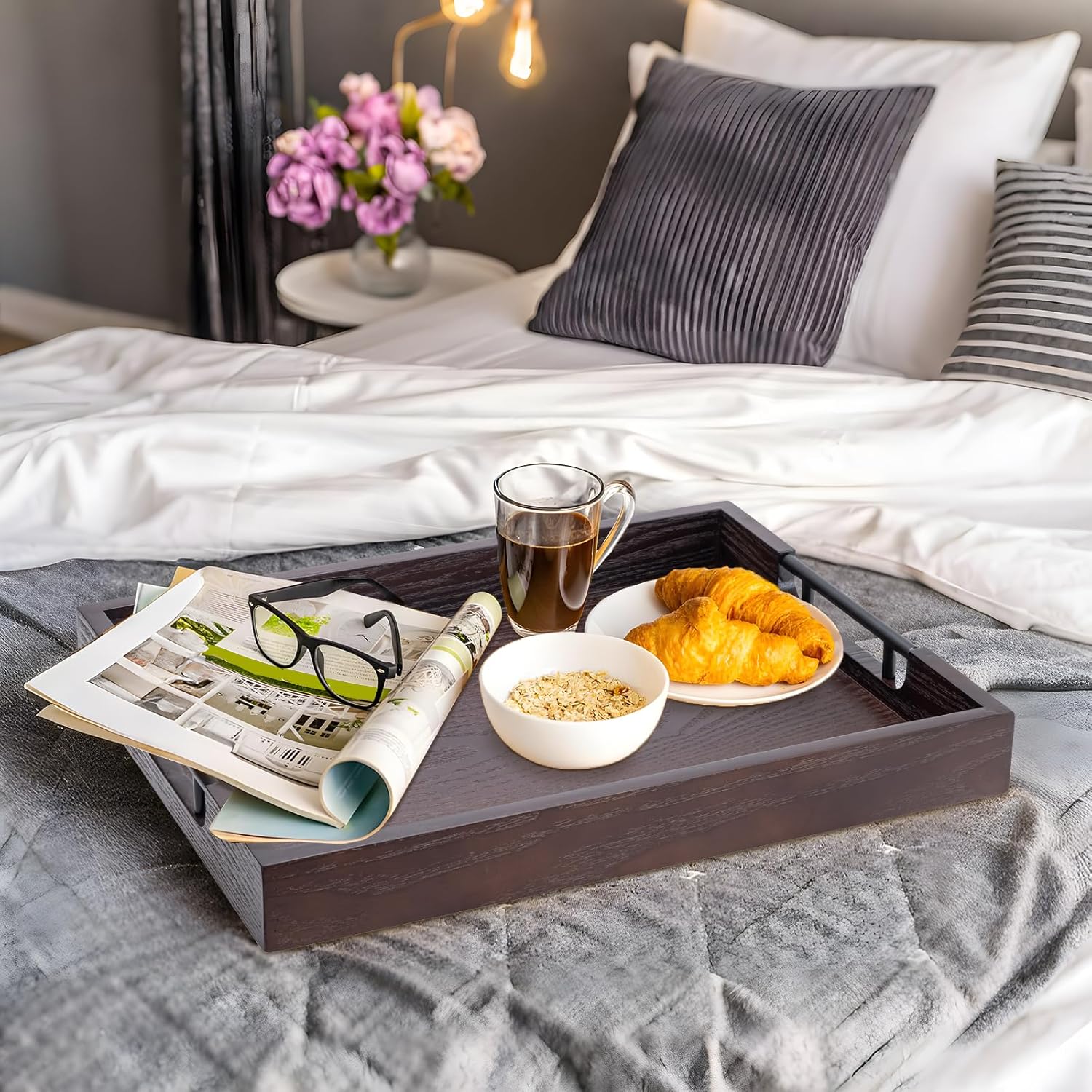 Large Serving Tray with Handles,17 x 13 x 2 Inch Dark Brown Acacia Wood Ottoman Tray Table Decorative Storage Coffee Trays Wooden Decor for Living Room,Breakfast in Bed,Dinner, Party, Bar Trays - Image 3