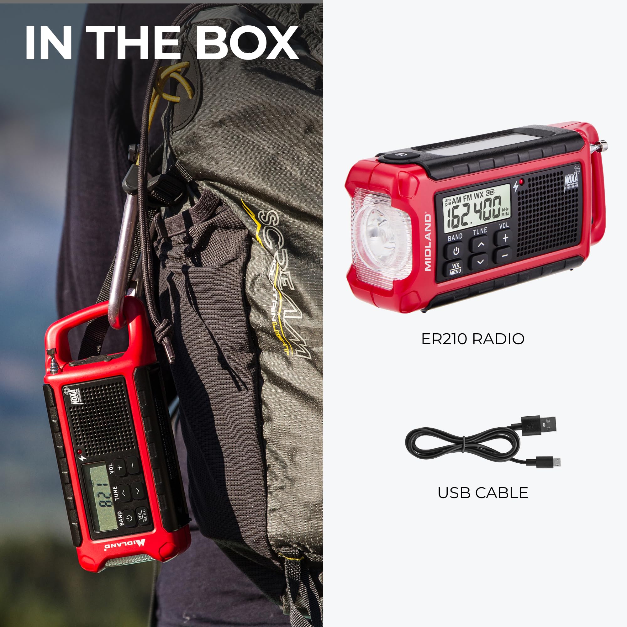 Midland ER210 NOAA Radio météo d'urgence – Compacte, manivelle, avertissements météo, radio AM/FM, plusieurs sources d'alimentation, lampe de poche d'urgence SOS