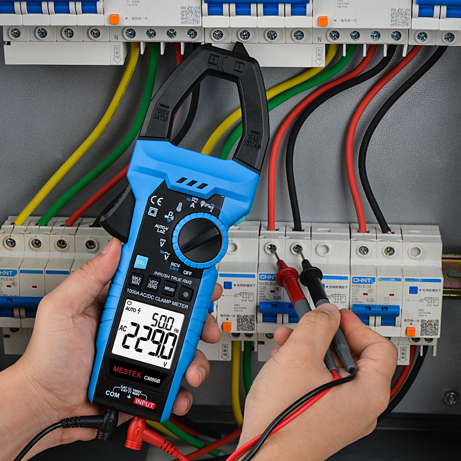 Pinza Amperimétrica 1000A CA/CC Amperímetro MESTEK InRush Clamp Meter T-RMS Medir Corriente Tensión Temperatura Resistencia Condensadores Frecuencia con Modo VFD, LOZ 6.000 Conteos