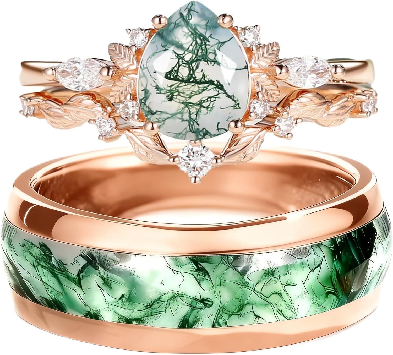 Custom Engraved Couple Rings Set Promise Rings for Him and Her Natural Moss Agate Matching Wedding Rings for Couples Engagement Rings Sets Kite/Teardrop/Round Cut Rings for Women