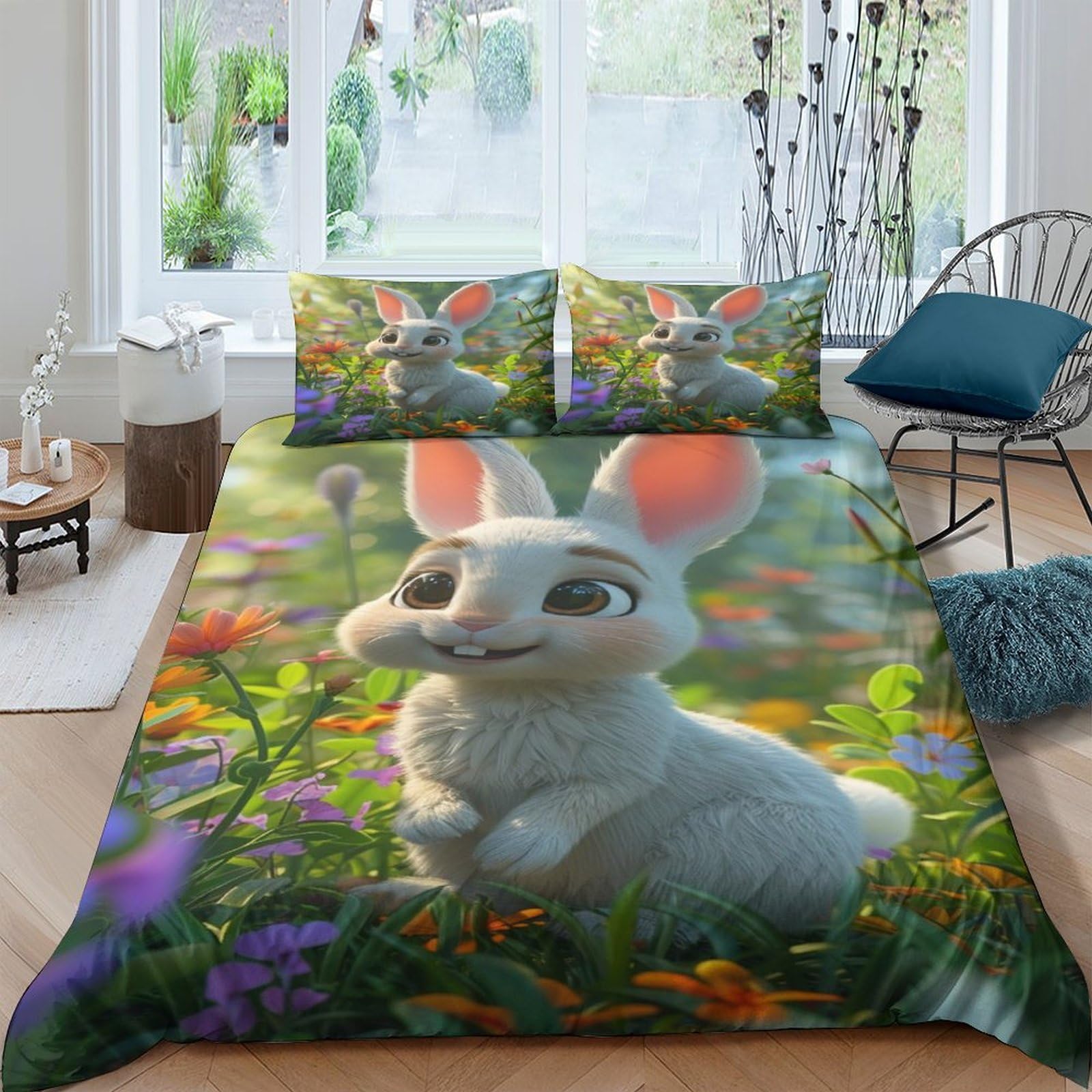 Housse de couette 200x200 super douce et respirante motif lapin 3D