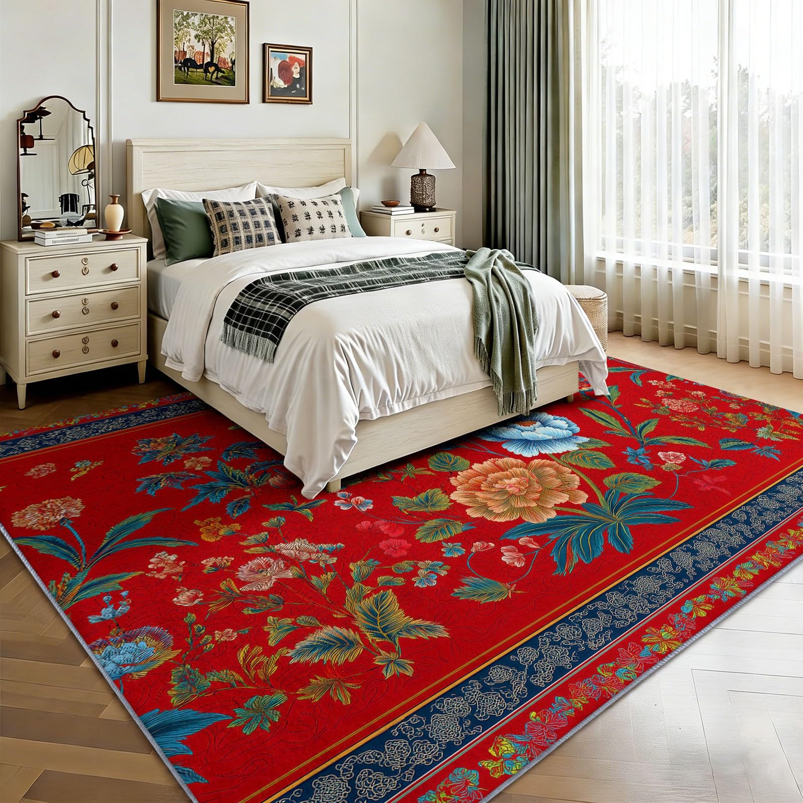 Zmywalny antypoślizgowy czerwony dywan do jadalni, dekoracyjne dywany flanelowe do salonu 180 x 240 cm - retro chińskie kwiatowe liście dywan dla dzieci chłopców dziewcząt dorosłych sypialnia