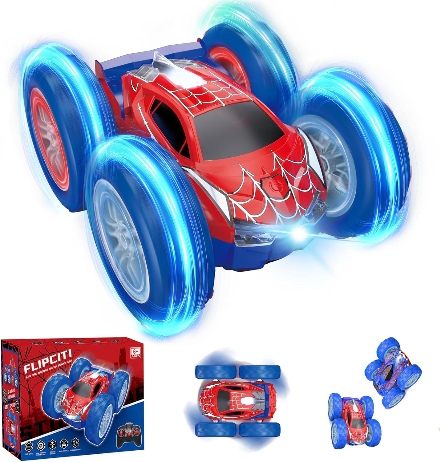 RC Cars Spider Toys for Kids 4-12, 4WD Remote Control Car Spider Toy Gift, Double Sided Stunt Car With LED Lights 2.4GHz 360° Flip & Spin/Rotation, 60 Mins Playtime, Gift for Kids, Boys, Beginners​