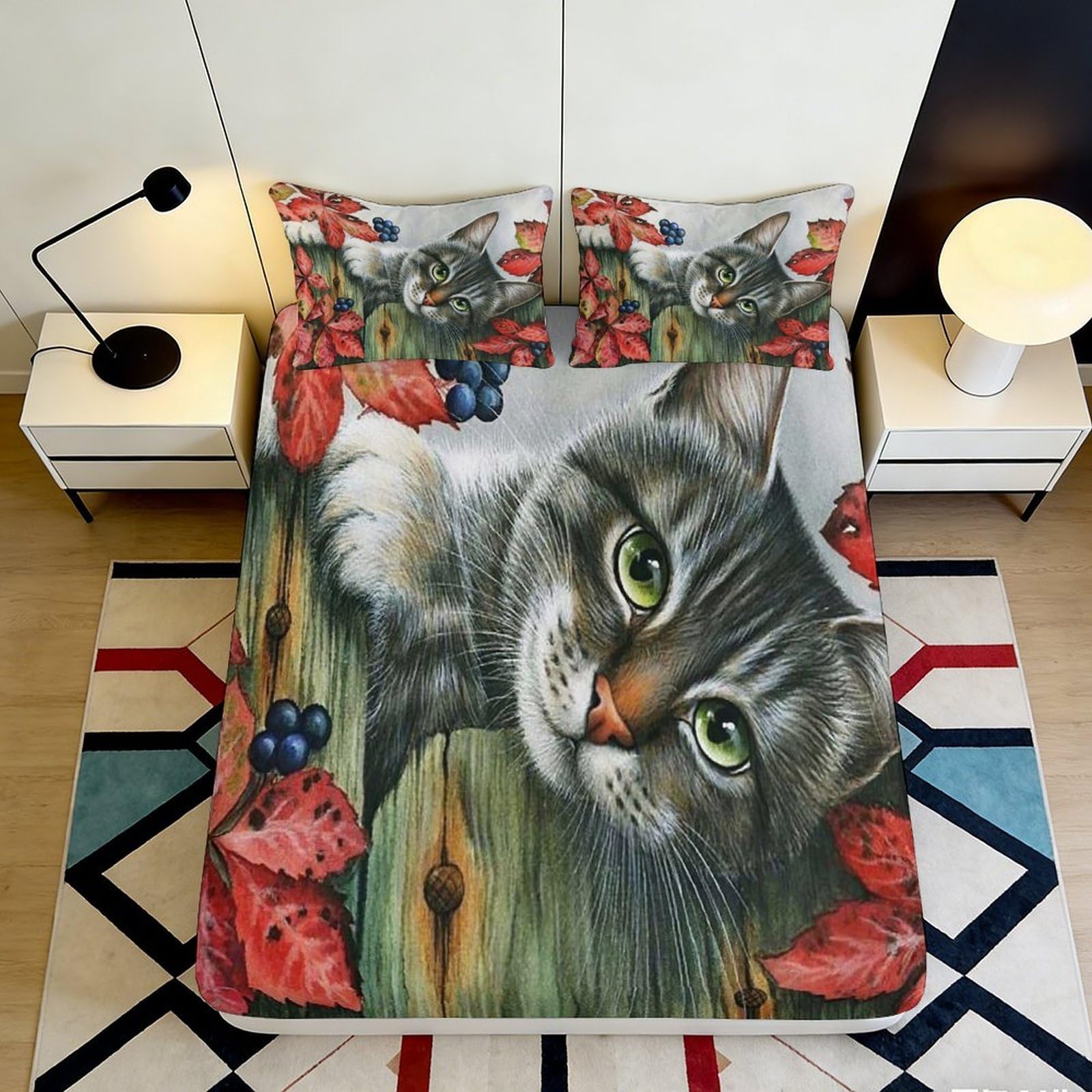 3D Printed Cat Pattern Fitted Sheet Microfiber Soft Breathable Autumn Leaves Bed Cover for Bedroom Dormitory Guest Room Mattress Protection Decor 160x200x25cm