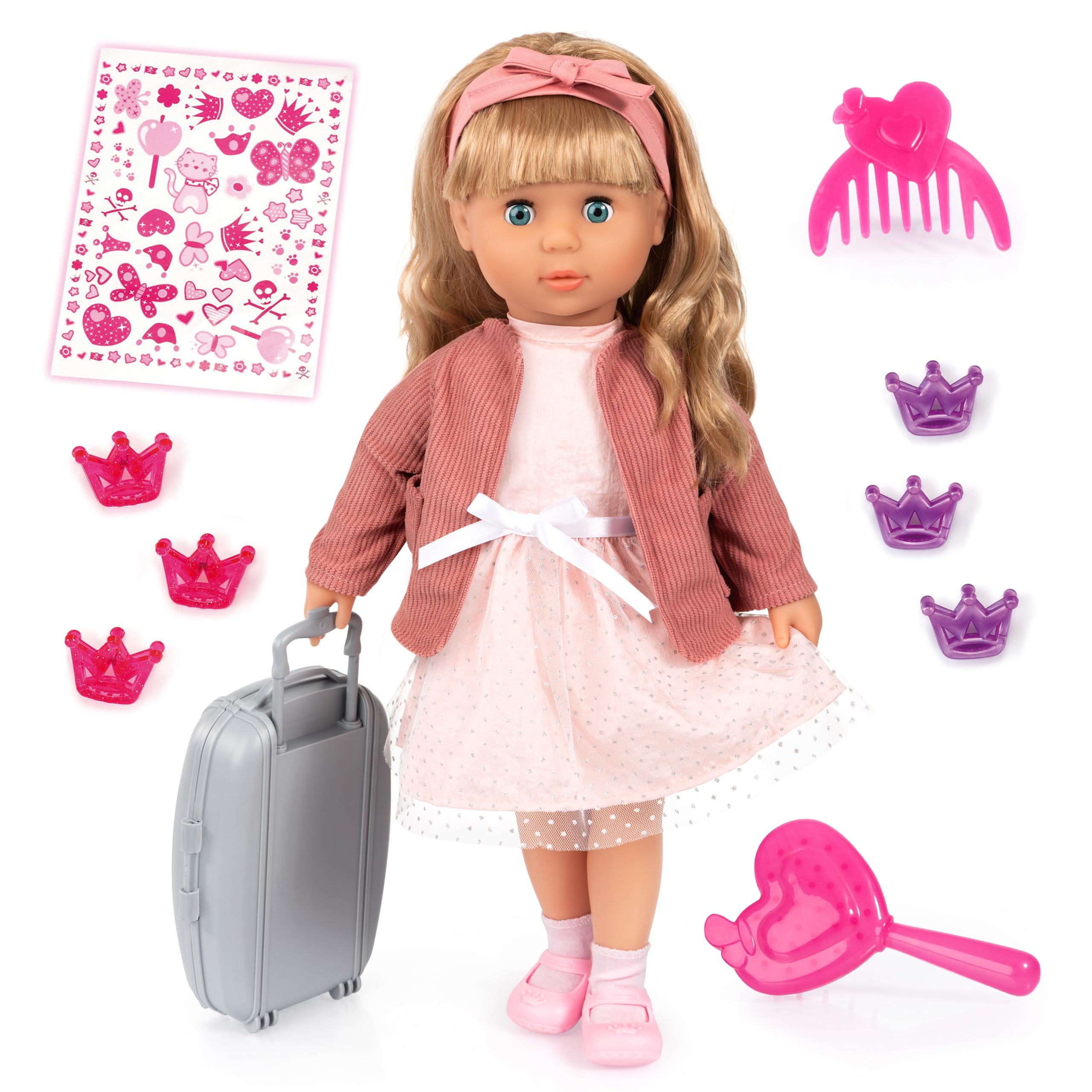 Bayer Design 94634AT Charlene interactive doll with hair, laughs, with kissing sound, functional doll, soft body, sleepy eyes, accessories, 46 cm