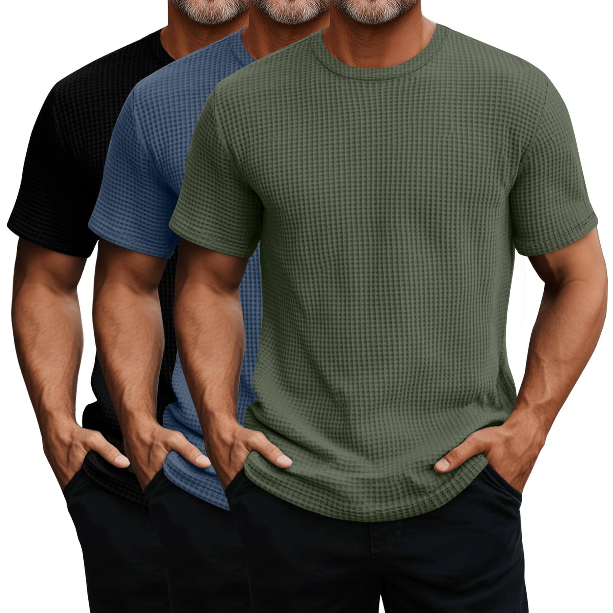 Ficerd 3 Pack Men's Short Sleeve Waffle Knit Shirts, Casual Textured Crew Neck Summer T-Shirts Lightweight Solid Pullover Tee