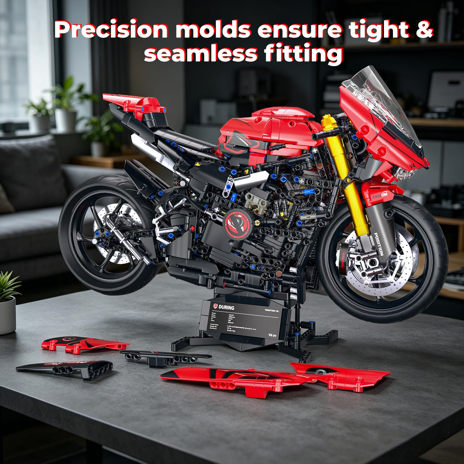 Flubecrux Technik Motorrad Klemmbausteine Modell 1:5 | 2024 Teile Technik Auto Bausatz mit realistischem Design, beweglichen Funktionen und Ausstellungsständer