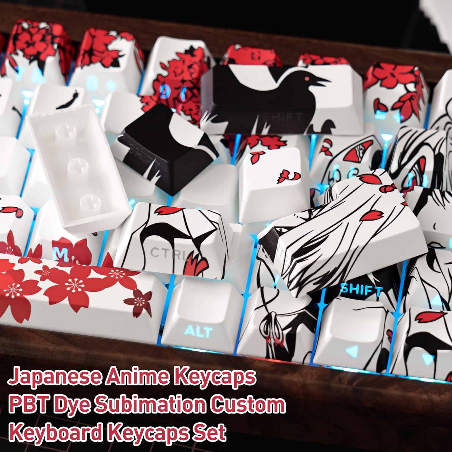 PBT Material White Japanese Anime Keycaps Dye Sublimation Custom Keycap 131 Keys Cherry Profile Shine Through Side-Engraved Keycaps Set for Mechanical Keyboard 61/64/75/84/87/104/108 Layout