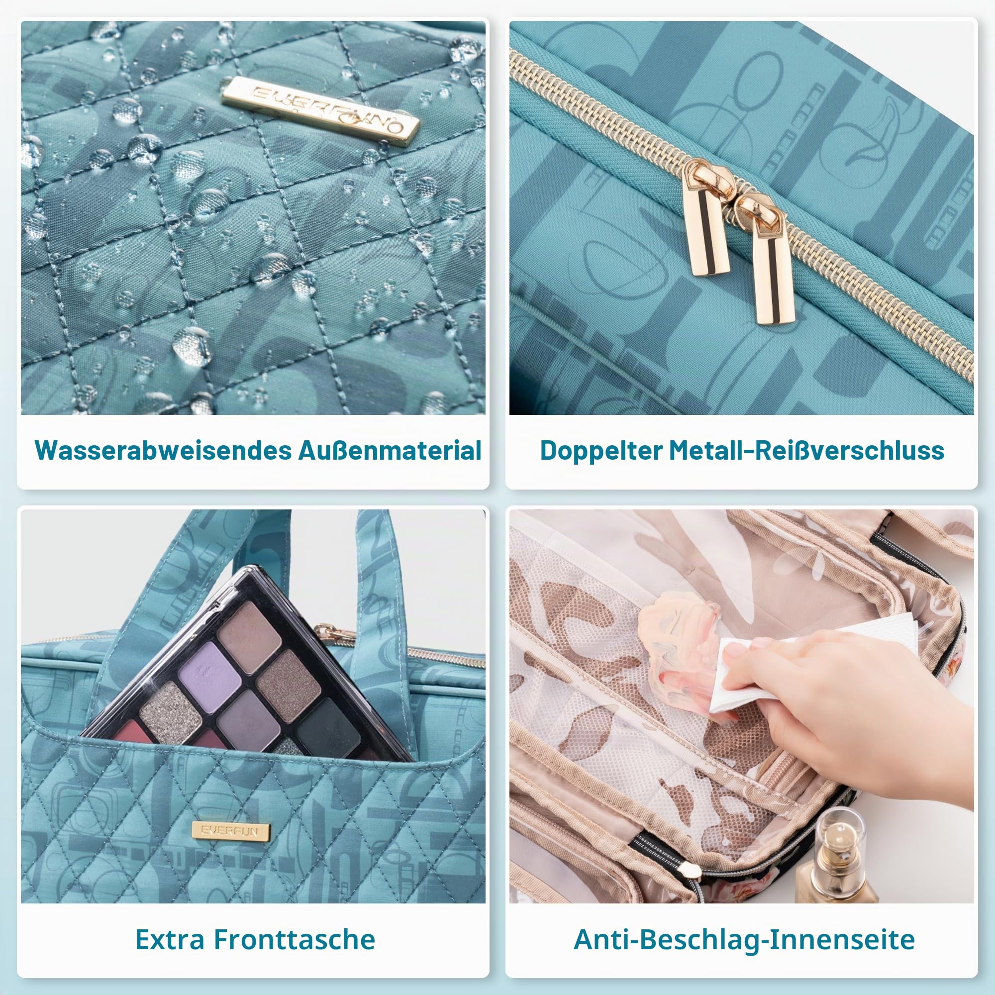 EVERFUN Hängende Reise Kulturbeutel für Frauen, Kleine Kosmetiktasche mit 4 Fächern, Faltbare Makeup Bag, wasserdichte Toilettentasche Vollständig Geöffnet, Handgepäck-Dopp Kit für Reisezubehör
