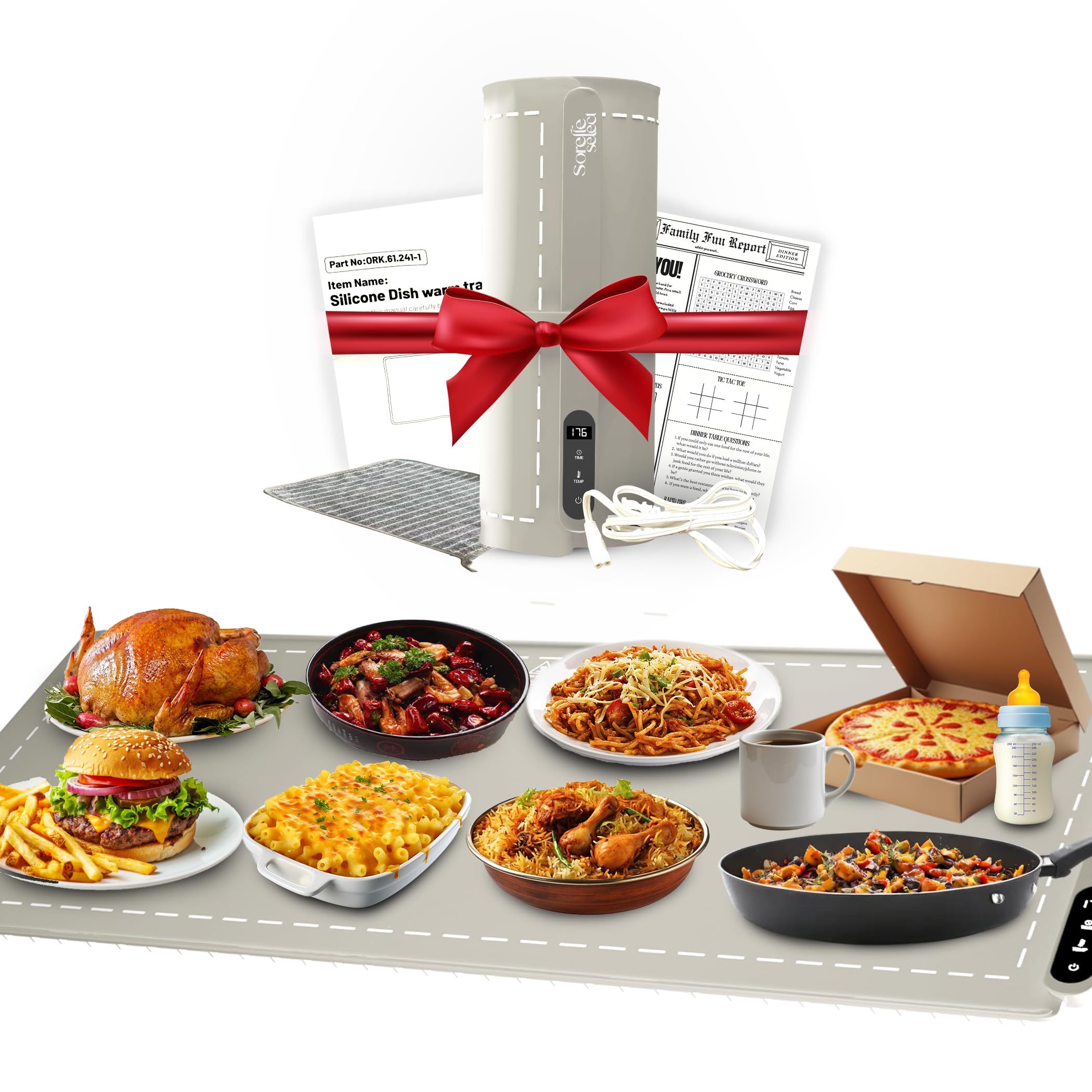 SORELLE SELECT -Extra Large Foldable Food Warming Mat - Electric Heating Tray, 6 Level Temperature, Extended 10ft Power Cord, Portable Food Warmer for Buffets, Parties, Travel, Home Use (Grey White)