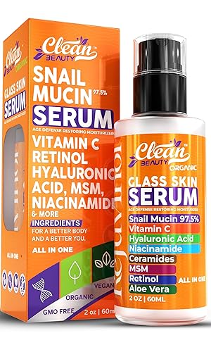 Clean Beauty Suero de mucina de caracol con vitamina C, suero facial antienvejecimiento con ácido hialurónico, niacinamida, retinol, MSM, aloe vera