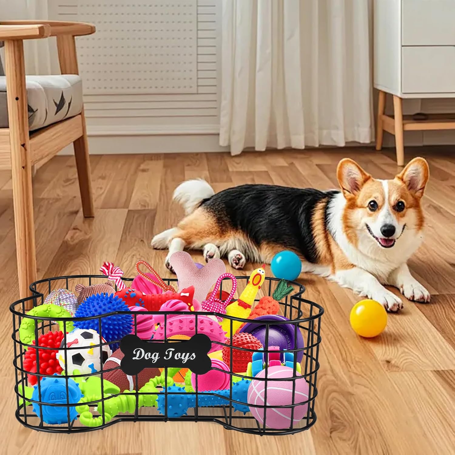 Dog Toy Basket, Large Storage Bin for Living Room,Metal Pet Toys Basket, Stylish Toys Storage Organizer with Handles for Dogs and Puppies with Iron Design,Sturdy Pet Baskets Organizer