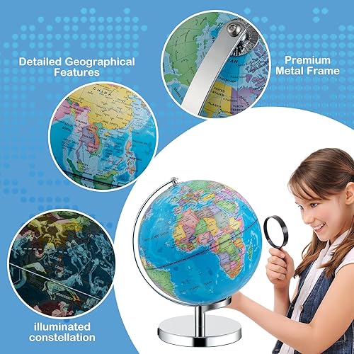 Miniatura 3 de COSTWAY Globo del mundo iluminado 3 en 1, luz nocturna de globo de 9 pulgadas de diámetro con soporte para niños, 88 constelaciones, mapa geográfico