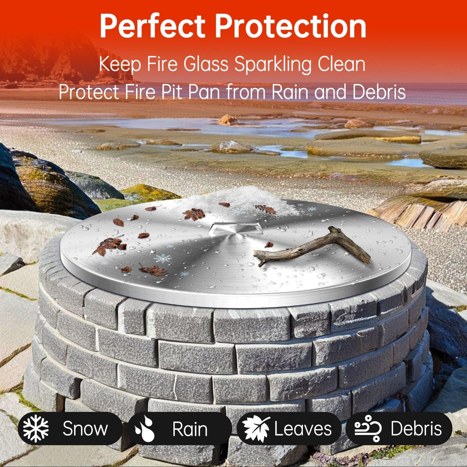 Fire Pit Lid Round - 34 Inch 304 Stainless Steel Fire Pit Cover Round Metal with Convenient Handle for 30-Inch Flat Fire Pit Pan and 31-Inch Drop-in Burner Pan, Heavy Duty and Rust Resistant