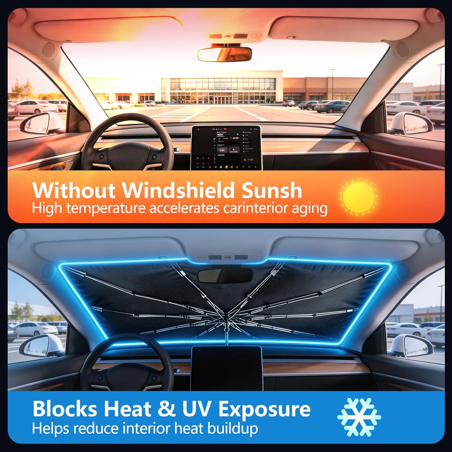 Car Windshield Sun Shade Umbrella: Foldable Front Window Cover with UV & Heat Insulation - Keep Cool and Protect Interior for Auto Sedan SUV (56" L x 31" W)