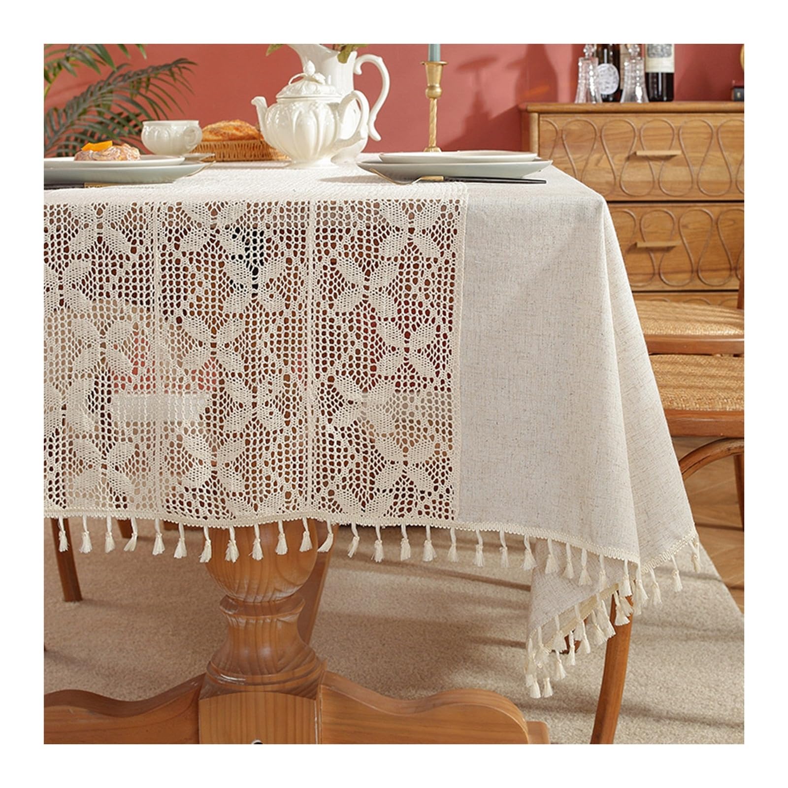 Nappe anti-taches beige en dentelle KnSam 140x100 lavable et imperméable en polyester